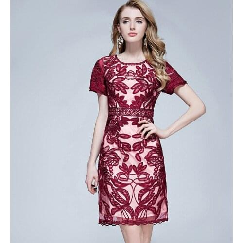 2021 Summer Bodycon Dress High Quality Women O-Neck Appliques Embroidery Short Sleeve Slim Fitted Dress Wine Red Dark Blue 4XL