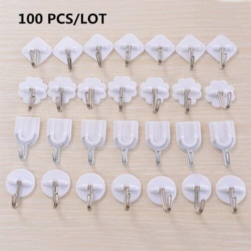 100 Pcs White Small hook Plastic Adhesive Hook Wall Sticky Mount Hanger Rack PS Stainless steel Kitchen Bathroom Hooks 4 types