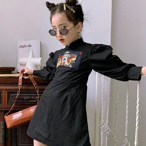 2021 Spring New Kids Dress For Girls Puff Sleeve Embroidery Chinese Dragon Slim Princess Dress Children Clothing