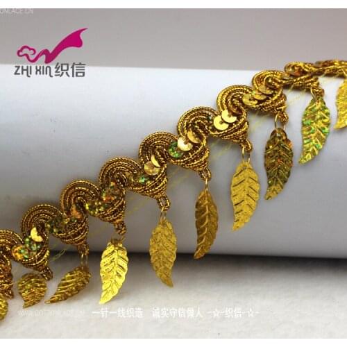 50Metres Leaf Fringe Golden And Silver Sequined Ribbon Trims Costume Tassel Lace Tutu Dress Macrame Latin Dance Trimming Lace
