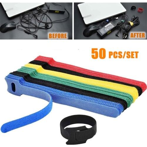 50Pcs Reusable Black Cable Cord Nylon Strap Hook Loop Ties Tidy Organiser Tool Hook And Loop Cable Ties Multiple
