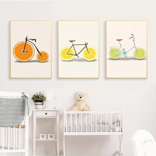 Abstract Fashion Lemon Orange Canvas Painting Creative Small Fresh Fruit Bicycle Poster Living Room Wall Art Decoration Pictures