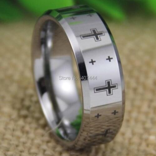 Free Shipping YGK JEWELRY Hot Sales 8MM Shiny Silver Bevel The New Christian Cross Mens Tungsten Wedding Ring