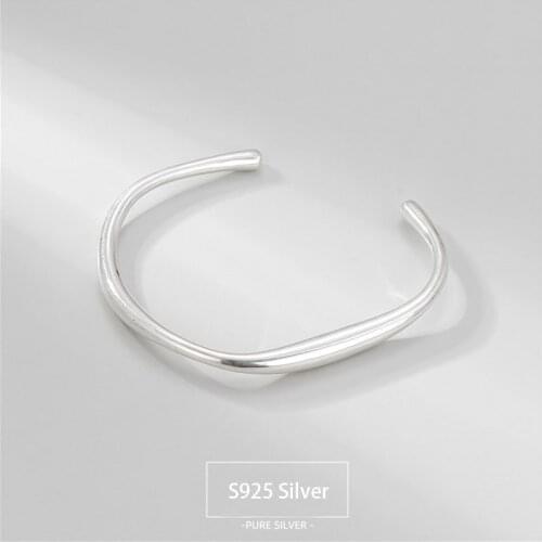 Real S925 Sterling Silver Bangles Bracelet for Women Irregular Minimalist Style Resizable Smooth Streamline Jewelry Accessories