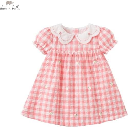 DBZ18143 dave bella summer baby girls cute floral plaid print dress children fashion party dress kids infant lolita clothes