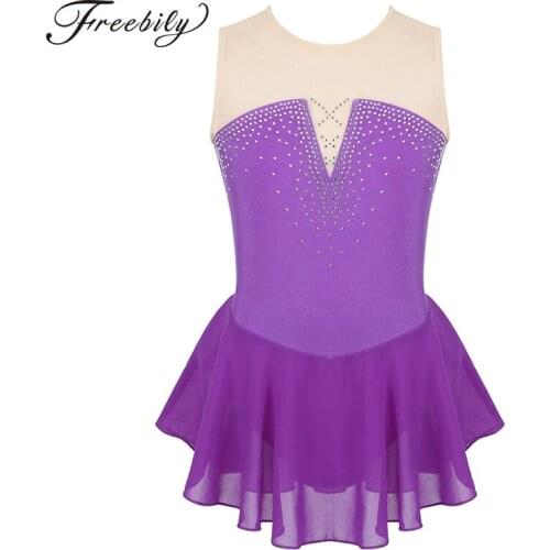 Kids Teens Sleeveless Shiny Rhinestone Mesh Splice Figure Skating Dress Girl Ballet Gymnastics Leotard Competition Dance Costume