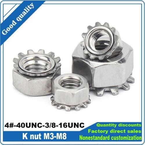 10/25pcs M3 M4 M5 M6 M8 4#-40- 5/16-18UNC A2-70 304 Stainless Steel Metric US UK Standard ThreadToothed Serrated K Type Lock Nut
