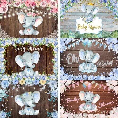 Cartoon Elephant Baby Shower Photography Backdrops Baptism My First Communication Birthday Photo Backgrounds Wooden Photo Studio