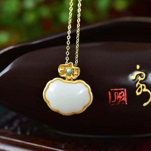 Natural Hetian Jade Porcelain White Lock of Good Wishes 925 Sterling Silver Ancient Style Thick Gold Inlaid Green Pine Embellish