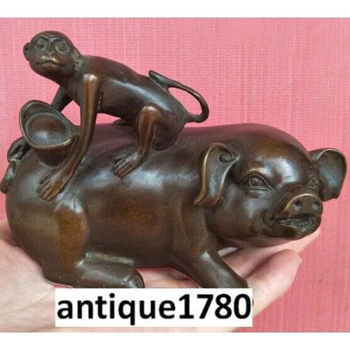 COLLECTIBLE OLD BRASS VINTAGE HANDWORK HAMMERED PIG MONKEY LUCKYPROMOTION STATUE