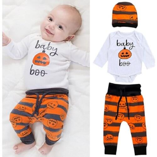Halloween Baby Boy Clothes Sets Pumpkin Costumes Newborn Bodysuits Pant Cap 3-Pieces Suit Infant Jumpsuit Top Panties Hat Outfit