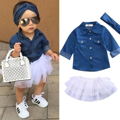 Pudcoco Baby Girl Clothes sets Denim Shirt Top +Tutu Skirts+Headband 3pcs Outfits Baby Summer Sets ropa de bebes