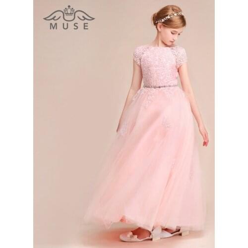 Short Sleeve Lace Princess Flower Girls Ball Gowns A Line Vintage Lace Girls Pinnk Birthday Party Celebration Dresses Ball Gowns