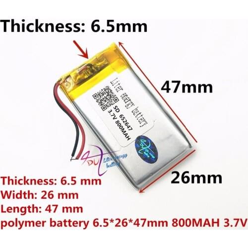 Best battery brand Free shipping 3.7V,800mAH,[652647] PLIB; polymer lithium ion / Li-ion battery for dvr,GPS,mp3,mp4,cell phone