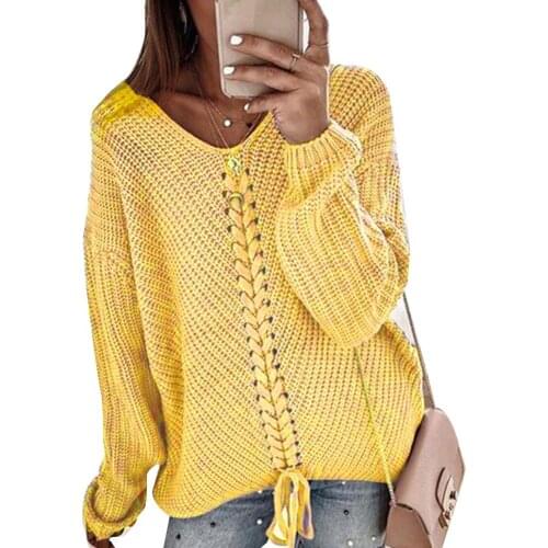 Fashion Loose Women Solid Color V Neck Long Sleeve Drawstring Casual Knitted Sweater