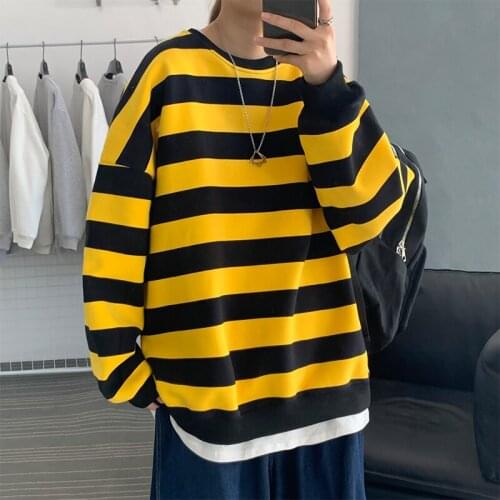 2020 Mens Striped Printing Pullover Loose Round Neck Coats Youth Clothes Fashion Hoodies Cotton Casual Sweatshirts Size S-2XL