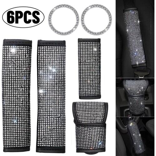 6PCS Set Crystal Rhinestone Shift Gear Cover Auto Handbrake Cover Seat Shoulder Pad Ring Emblem Sticker Women Girl Car Accessory