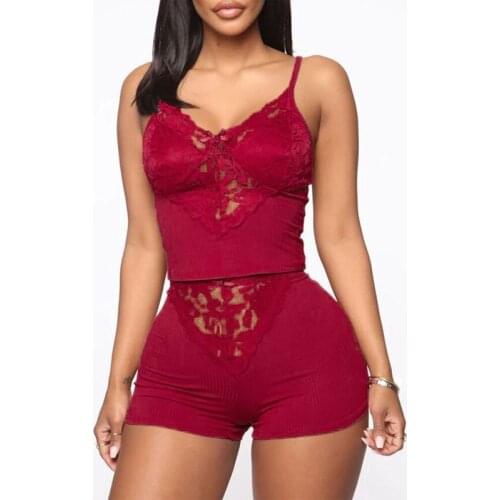2 Pieces Nightwear Sets for Women Solid Color Lace V-Neck Sleeveless Top and Shorts Summer Pajama Sets Sleepwear
