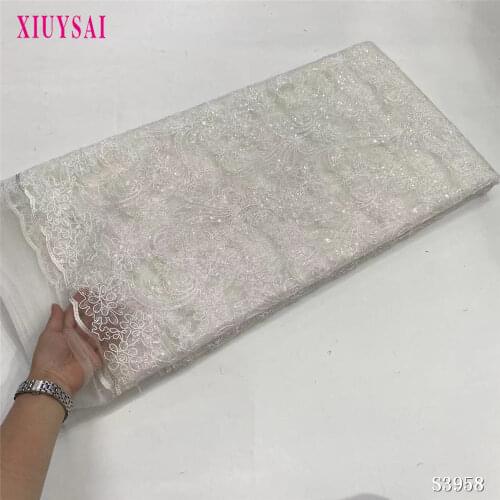 Off white Milk Silk Embroidered African Guipure French lace fabric High quality Nigeria mesh tulle lace fabric for wedding S1249