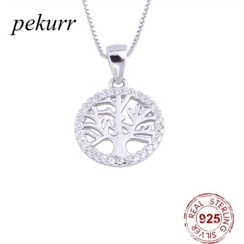 Pekurr 925 Sterling Silver Tree of Life Round Necklaces For Women Circle CZ Female Pendants Classic Chain Collar Fashion Jewelry