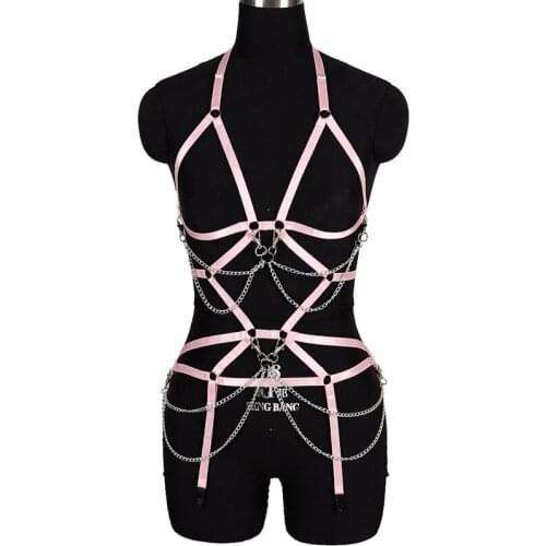 Punk Metal Chain Body Bondage Harness Set Women Harajuku Sexy Garter Belt Goth Chest Cage Suspenders BDSM Fetish Dance Dres