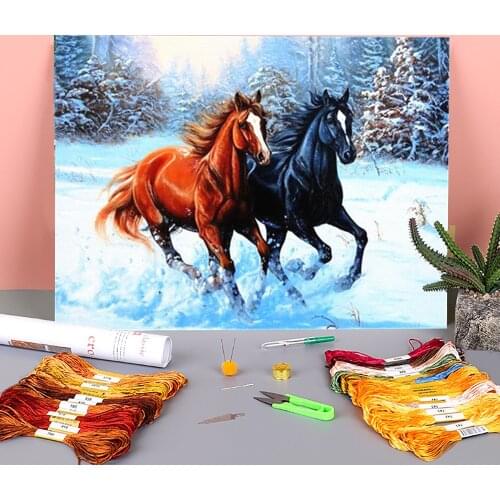Horse Animal Printed Water-Soluble Canvas 11CT Cross-Stitch Complete Kit Embroidery DMC Threads Handmade Knitting Floss