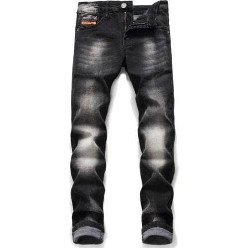 European American Style Brand Jeans Pants Men Slim Jeans Zipper Letter Straight Jeans Pants Gentleman Black Hole Jeans for Men