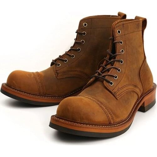 Yomior Vintage High Quality Handmade Men Boots Cow Leather Round Toe Wedge Ankle Boots Winter Tooling Motorcycle Boots Coffee