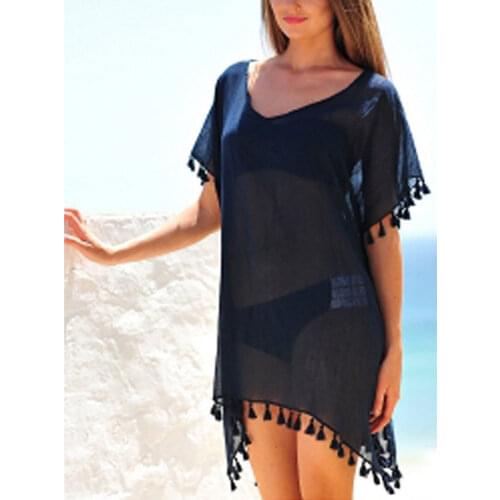 Multi-colored Women Summer Plus Size Bikini Cover Up Dress Female Loose Tassel Beachwear Dress Smock Blouse Cover-Ups