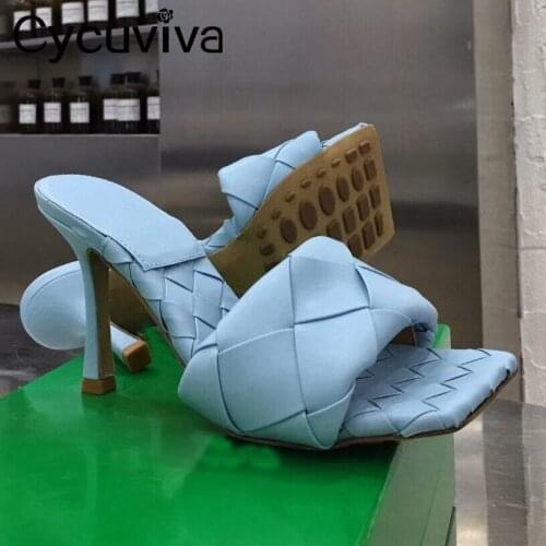 Cross Woven Brand Summer Slippers Woman Runway High heels Party Sandalias Square Toe Ladies Leather Braid Summer Shoes for Women