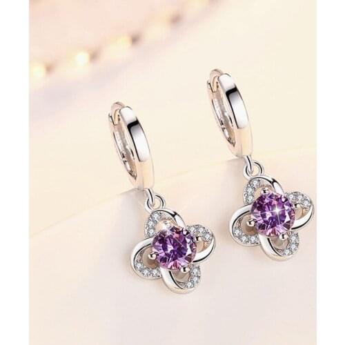 Real 925 sterling silver Earrings Jewelry Purple Crystal Four Leaf Clover Woman Fashion Drop Earrings 2020 Trend Accessories