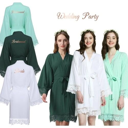 New Women White Green Mint Cotton Lace Bride Bridesmaid Robe Wedding Bridal Dressing Gown Sleepwear Bath Robe
