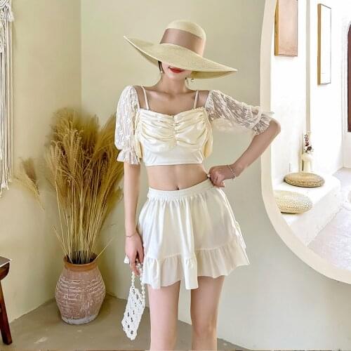 Swimsuit Women 2021 Two Piece Korean Swimwear Tankini Bikini Swim Suit For New Ins Slim Cover High Waist Skirt Split Print