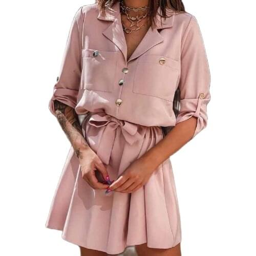 2021 Hot-Selling New Design Fashion Ladies Pure Color Western Collar Button Pleated Ruffled Dress