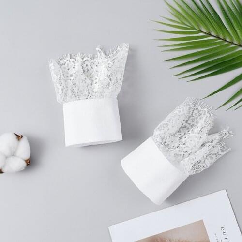 1 Pair Girl Fake Sleeves for Women Shirt Sweater Lace Floral Embroidery Pleated Wrist Warmers Fake Cuff Ladies White False Cuffs
