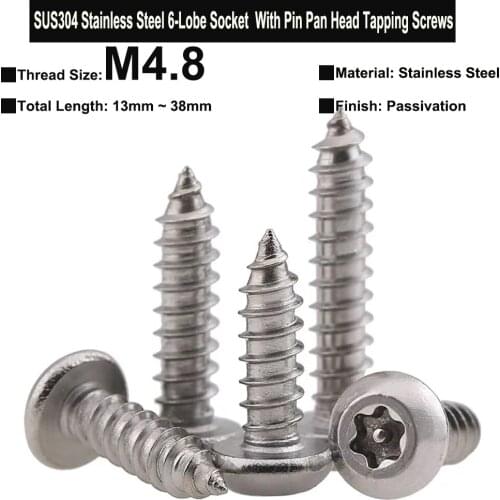 10Pcs M4.8x13mm~38mm SUS304 Stainless Steel Six-Lobe Socket With Pin Pan Head Anti-theft Safety Tapping Screws Type C