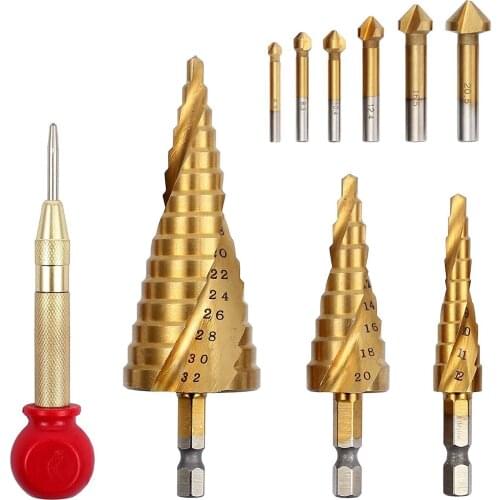 3Pcs Spiral Grooved 4mm to 32mm Multiple Hole 29 Sizes Step Drill Bits and 6 Pcs Countersink 90 Degree Center Punch Tool