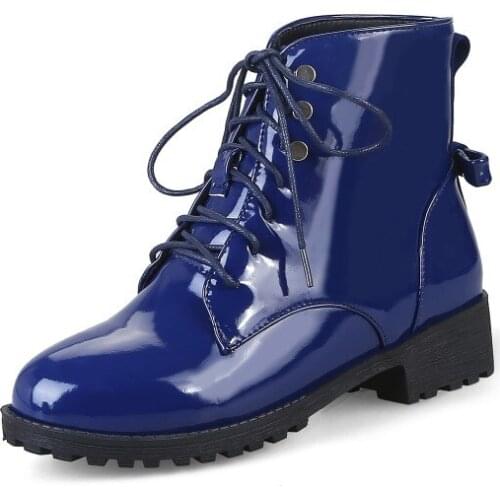 Big Size 11 12 13 14 15 Lacquer cross lace, round head, thick heel, butterfly knot and ankle Martin boots and boots