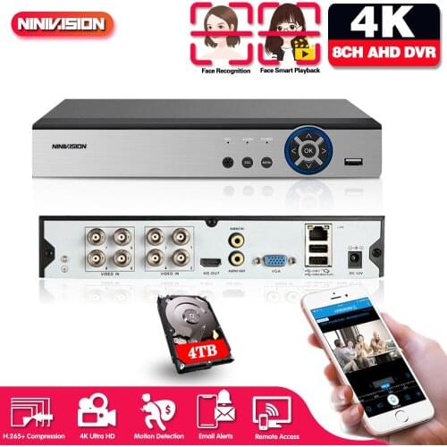 NINIVISION 8CH 4K AHD DVR AI H.265 Hybrid 8 Megapixel NVR Digital Video Recorder for 2MP 4MP 5MP 8MP AHD/TVI/CVI/XVI/IP Cameras