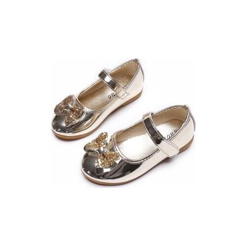 Spring Autumn Children Girls leather Bow shoes fashion Bright diamond single shoes gold silver pink Kids girls baby dance shoes