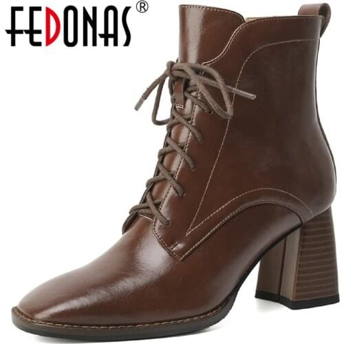 FEDONAS 2020 Genuine Leather Square Toe Women Warm Boots Leather Cross Tied Fashion Newest Winter Quality Baisc Shoes Woman