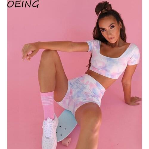 Workout Two Piece Tie-dye Yoga Sets Short Sleeve Crop Tops and Gym Shorts Seamless Sport Jogging Set