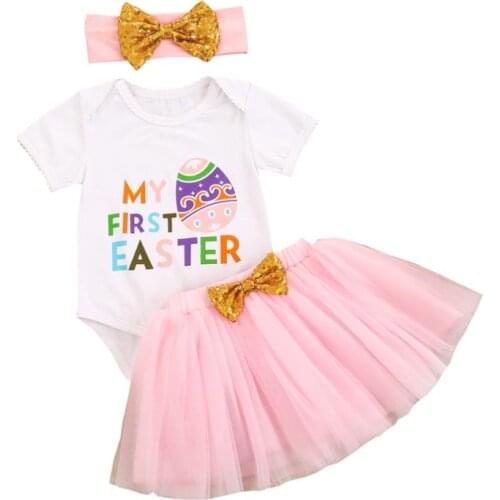 3 Pcs Newborn baby Girls Easter Outfits Baby Letter Print Short Sleeve Round Neck Romper Bowknot Yarn Skirt Headband Suit