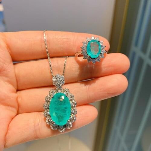 QTT Hot Sale Wedding Accessories Set Oval Paraiba Emerald Tourmaline Gemstone Ring Necklace Set For Women Silver Jewelry Sets