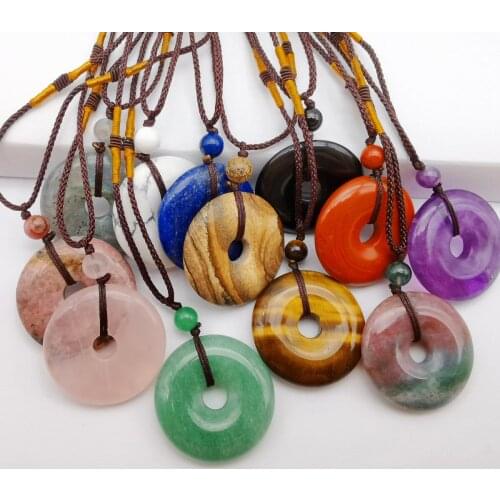 Crystal Lapis Labradorite Tigereye Howlite Stone Carved Safety Button Pendant Necklace Adjustable Nylon Rope Braid Jewelry