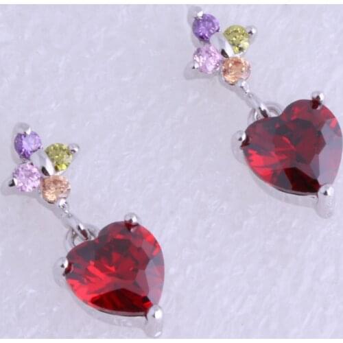 Love Monologue Charming Heart Earrings Silver Color Red Create Garnet Colorful Crystal Stud Earrings J0345