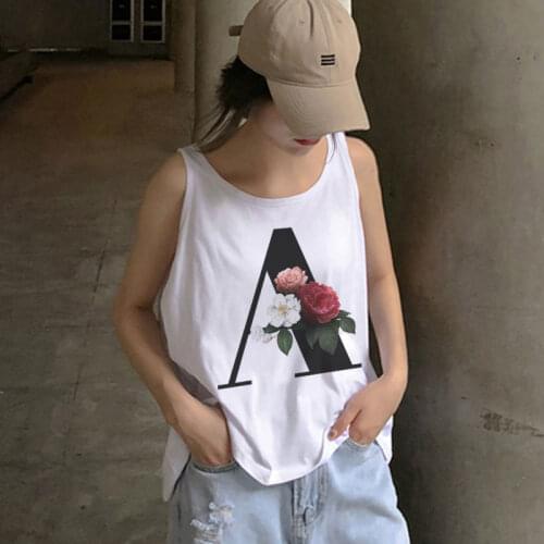 Sexy U Neck Alphabet A-Z Flower Printed Tank Tops Summer Large Size Tee Tops Female Loose Vest Tees WDC4799