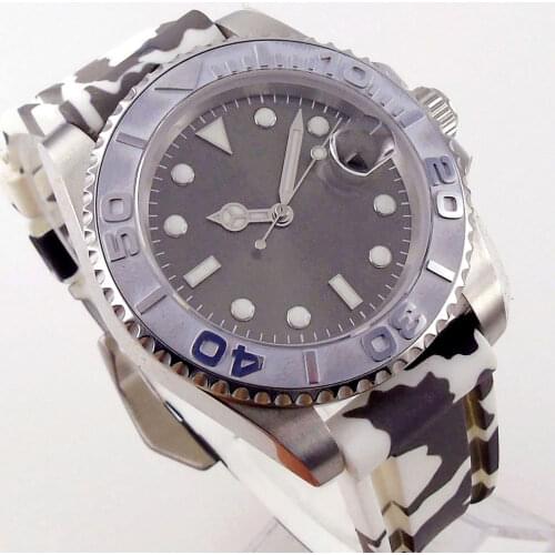 Gray 40mm tandorio Automatic Mens Watch Genuine NH35/Miyota 8215 Movement Date Cyclops Sapphire Glass Camouflage Rubber Strap