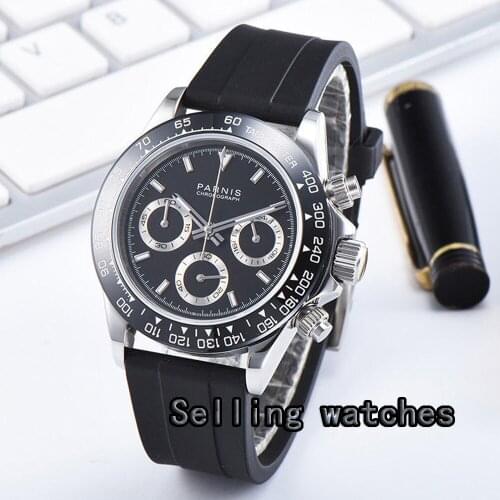 Luxury 39mm PARNIS Quartz mens watch Full Chronograph black dial luminous sapphire glass stop watch men