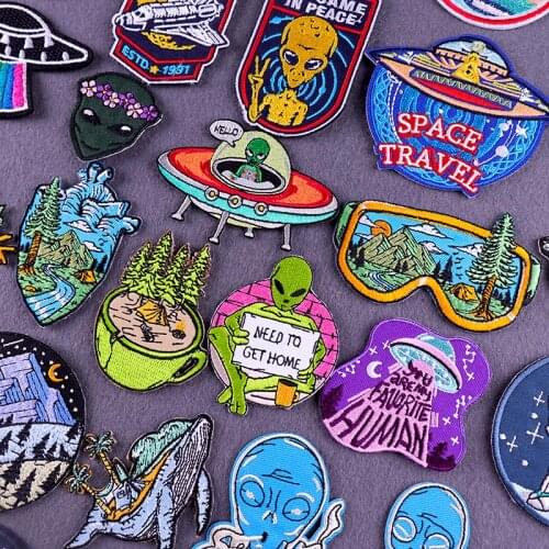 Mountain adventure Patches For Clothing Alien UFO Space Embroidery Patch For Clothes Iron On Patch For Jean Jacket Badges Stripe